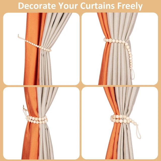 Alt view image 3 of 6 - Wood Bead Curtain Tiebacks, 2 Pack Curtain Tie Backs with Hooks | Curtain Holdbacks for Thin or Thick Window Draperies, Boho Curtain Holders for Home Office Room Decor