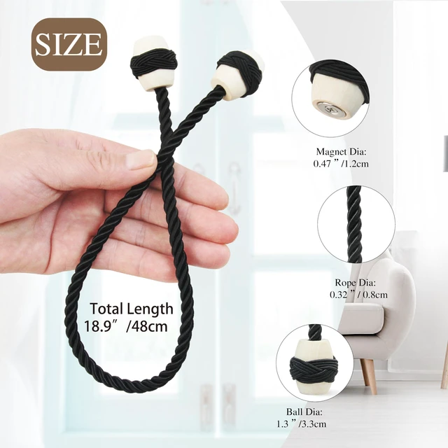 Alt view image 2 of 6 - Curtain Tiebacks Magnetic Rope Tie Backs Handmade Curtains Holders for Drapes Outdoor Decorative Window Holdbacks, Black 2Pack