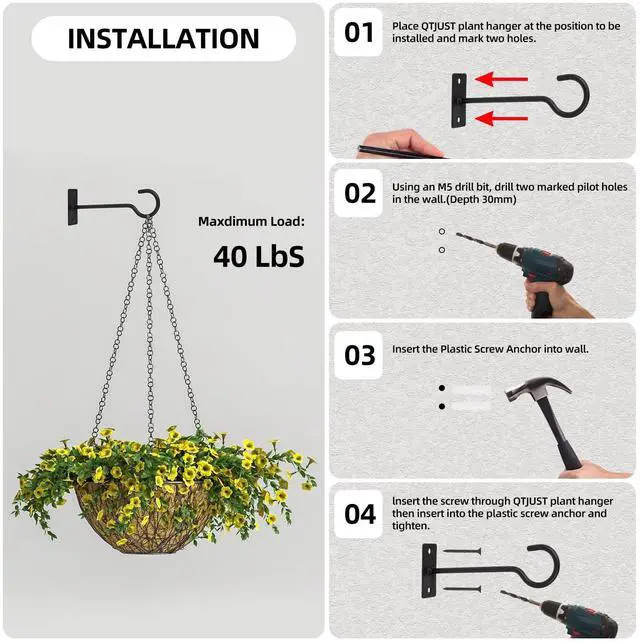Alt view image 7 of 7 - 2.5In Metal Plant Wall Hooks 2Pack Bulk Hanging Brackets Indoor Black | Decorative heavy duty metal hangers,for flower baskets, lanterns,bird feeders and wind chimes,home decor indoor and outdoor