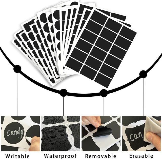 Alt view image 3 of 7 - 290 pcs Chalkboard Labels,Removable Blackboard Label Stickers,3 Assorted Shapes,with 2 White Chalk Marker,Erasable Reusable Waterproof Label for Storage Bin,Food Container,Mason Jars,Jars