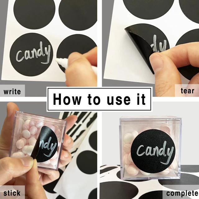 Alt view image 4 of 7 - 290 pcs Chalkboard Labels,Removable Blackboard Label Stickers,3 Assorted Shapes,with 2 White Chalk Marker,Erasable Reusable Waterproof Label for Storage Bin,Food Container,Mason Jars,Jars