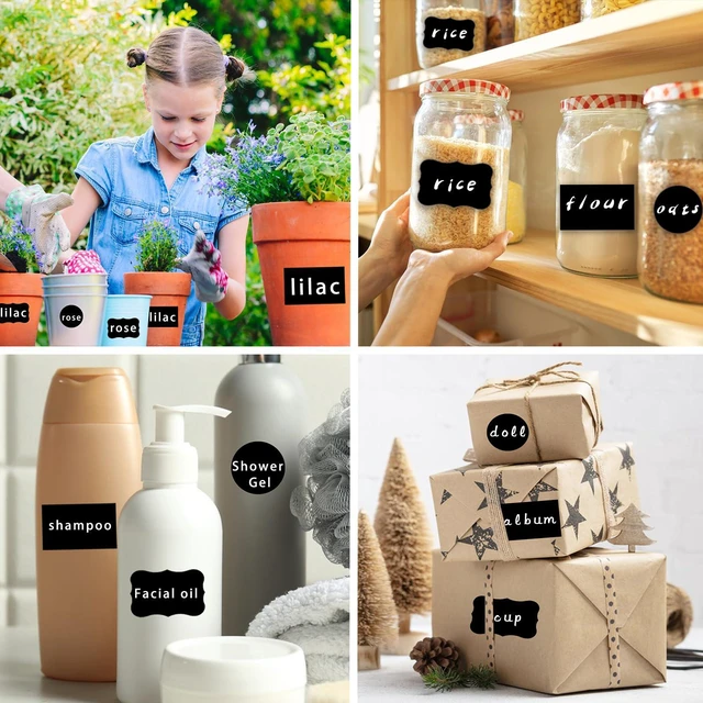 Alt view image 7 of 7 - 290 pcs Chalkboard Labels,Removable Blackboard Label Stickers,3 Assorted Shapes,with 2 White Chalk Marker,Erasable Reusable Waterproof Label for Storage Bin,Food Container,Mason Jars,Jars