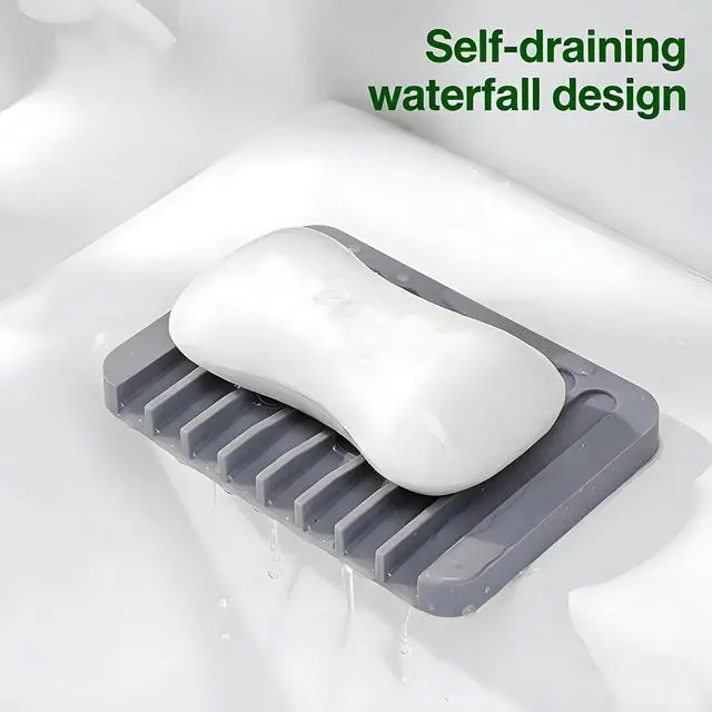 Alt view image 5 of 7 - Silicone Soap Holder, 2-Pack Self-Draining Waterfall Tray | Silicone, self-draining, non-slip, easy clean, for soap, sponge, razor, bathroom, kitchen, shower, bathtub