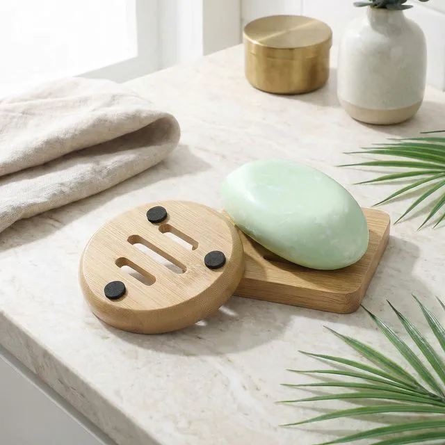 Alt view image 3 of 7 - 2 Pcs Wooden Soaps Saver for Shower Natural Bamboo Soap Dish | Square Round Dish Soap Holders, Self-Draining Tray Easy Dry, Extend Soaps Life, for Shower Bathroom Bath Tub Kitchen Sponges