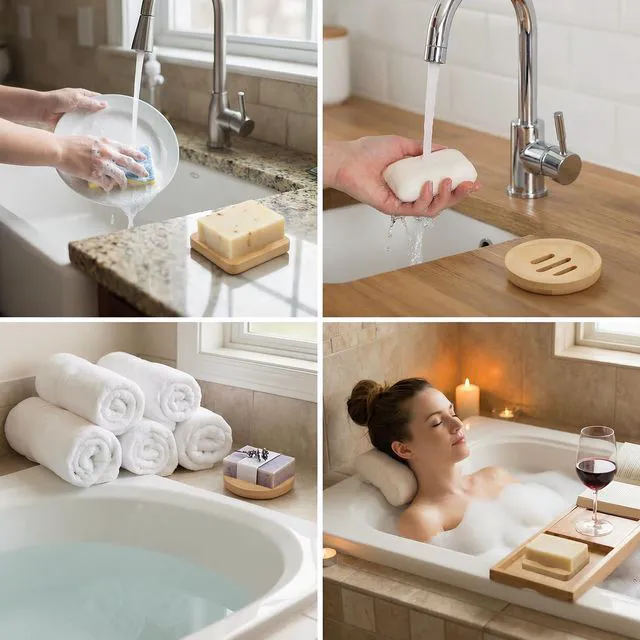Alt view image 5 of 7 - 2 Pcs Wooden Soaps Saver for Shower Natural Bamboo Soap Dish | Square Round Dish Soap Holders, Self-Draining Tray Easy Dry, Extend Soaps Life, for Shower Bathroom Bath Tub Kitchen Sponges
