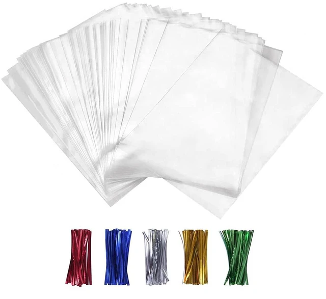 Main image of 100PCS Cellophane Bags Clear Plastic Cello Bags 4x6 with 4" Twist Ties 5 Mix Colors - 1.4 mils Thick OPP Treat Bags for Gift Wrapping Packaging Decorations Storage (4'' x 6'')