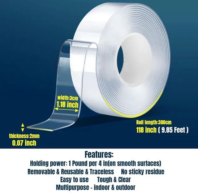 Alt view image 2 of 7 - Double Sided Tape Heavy Duty,Multipurpose Clear Mounting Tape Picture Hanging Adhesive Strips, 10FT Removable Strong Sticky Strips Carpet Nano Tape Poster Two Sided Tape
