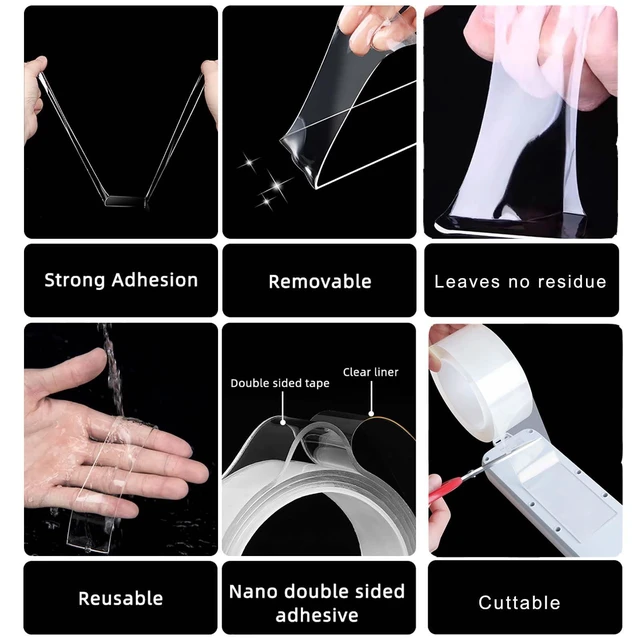 Alt view image 6 of 7 - Double Sided Tape Heavy Duty,Multipurpose Clear Mounting Tape Picture Hanging Adhesive Strips, 10FT Removable Strong Sticky Strips Carpet Nano Tape Poster Two Sided Tape