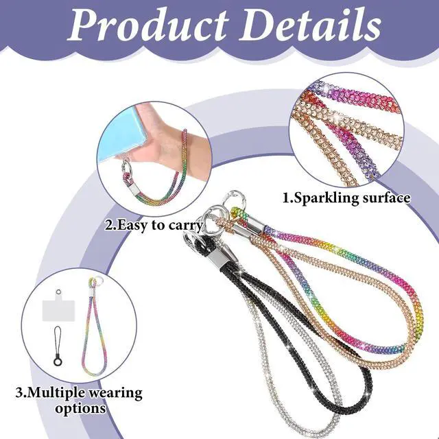 Alt view image 2 of 7 - Wrist Strap,4pcs CellPhone Lanyards for Women | Cell phone Lanyard wristlet charm for Bag Glitter Phone Strap Wrist Lanyard Multicolor Gold Silver Black