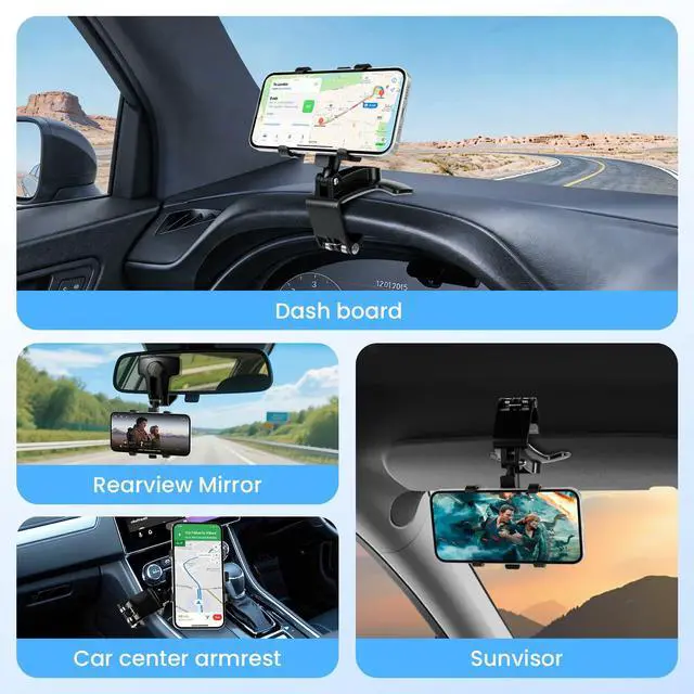 Alt view image 5 of 7 - Car Phone Holder Mount Dashboard Rearview Mirror Sun Visor 360 Degree Rotation Multifunctional Adjustable Spring Clip Car Universal Phone Mount for 4-7 inch Cellphone