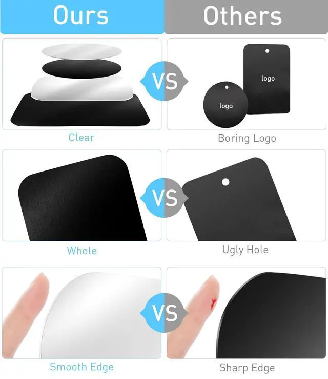 Alt view image 6 of 6 - Metal Plate for Magnetic Car Mount 4 Pack Disc with 3M Adhesive Compatible with Phone Magnets/Cell Phone Automobile Magnet Cradles, No Logo or Hole, 2 Rectangle 2 Round, Black&Silver