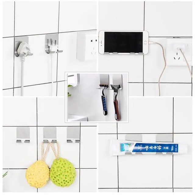 Alt view image 4 of 7 - Razor Holder Shaver Hook Hanger Stand(2 Pack)Self Adhesive Stainless Steel Heavy Duty Utility Storage Hook,Shower Hook for Razor,Bathroom Kitchen Organizer for Plug Robe Towel Loofah Bathrobe Coat
