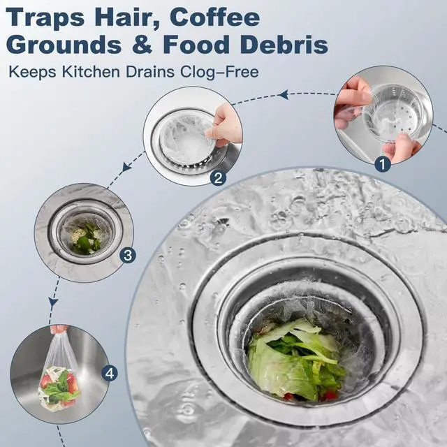 Alt view image 3 of 7 - Disposable Sink Drain Strainer: 200Pack Sourdough Mesh Cover | Sourdough Sink Catcher, Stretchable Mesh, Traps Hair and Food Residue, Helps Reduce Clogs, Kitchen, Bath and Laundry Use