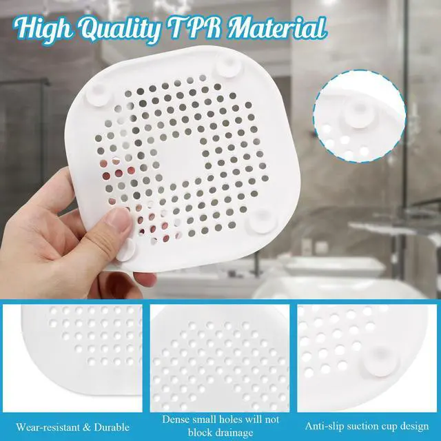 Alt view image 3 of 7 - Square Drain Cover, 5.4 Inch, White, 2Pcs | TPR Hair Drain Catcher, Flat Silicone, For Bathroom, Kitchen