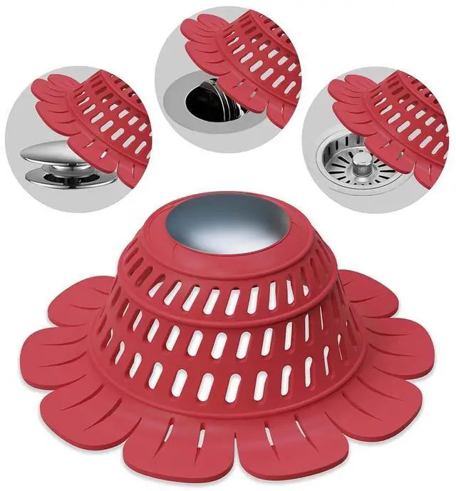 Main image of Silicone Drain Cover for Shower, Bathtub, Sink - Decorative Flower Strainer with Metal Weight & Large Holes - Stays Put, Prevents Clogs, Matches Bathroom Faucets, Flexible & Durable