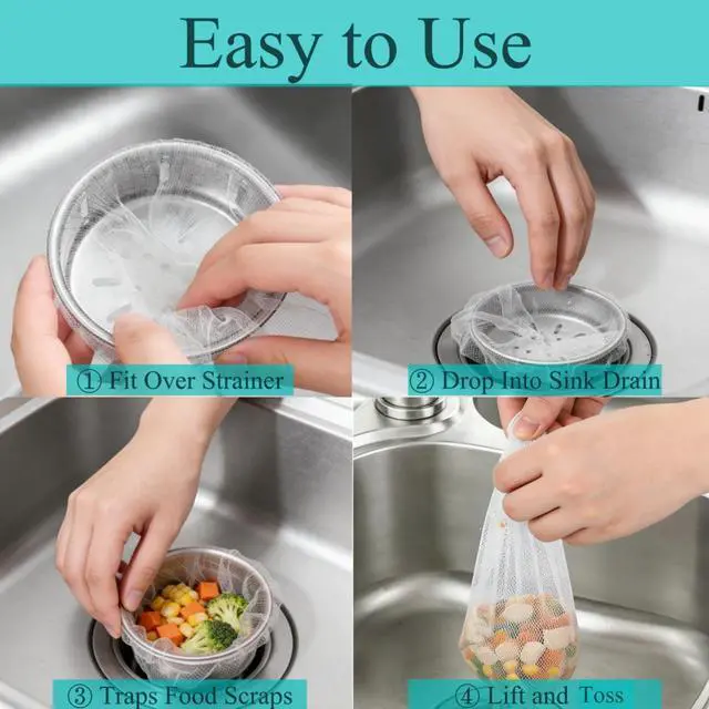 Alt view image 4 of 7 - 400 Pack Sourdough Sink & Drain Catcher Nets, 4 Inch Disposable Mesh Strainer Bags, Ultra-Fine Food Scraps Strainer for Coffee Grounds, Hair & Kitchen Waste, Fits Standard Bathroom Drains