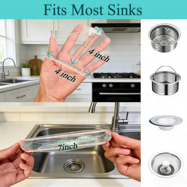 Alt view image 3 of 7 - 400 Pack Sourdough Sink & Drain Catcher Nets, 4 Inch Disposable Mesh Strainer Bags, Ultra-Fine Food Scraps Strainer for Coffee Grounds, Hair & Kitchen Waste, Fits Standard Bathroom Drains