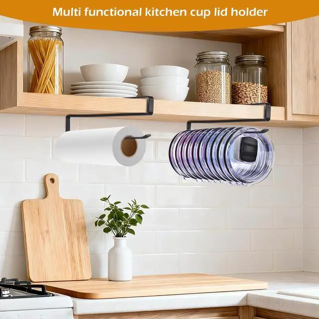 Alt view image 2 of 7 - Tumbler Lid Organizer, Under Cabinet Cup Lid Holder, Black | Iron racks, 10.24-inch length, slide onto shelves, no drilling or adhesive, space-saving kitchen storage inside cabinets