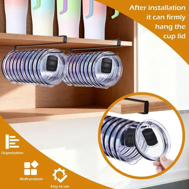 Alt view image 4 of 7 - Tumbler Lid Organizer, Under Cabinet Cup Lid Holder, Black | Iron racks, 10.24-inch length, slide onto shelves, no drilling or adhesive, space-saving kitchen storage inside cabinets