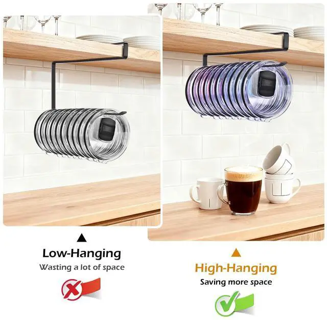 Alt view image 5 of 7 - Tumbler Lid Organizer, Under Cabinet Cup Lid Holder, Black | Iron racks, 10.24-inch length, slide onto shelves, no drilling or adhesive, space-saving kitchen storage inside cabinets