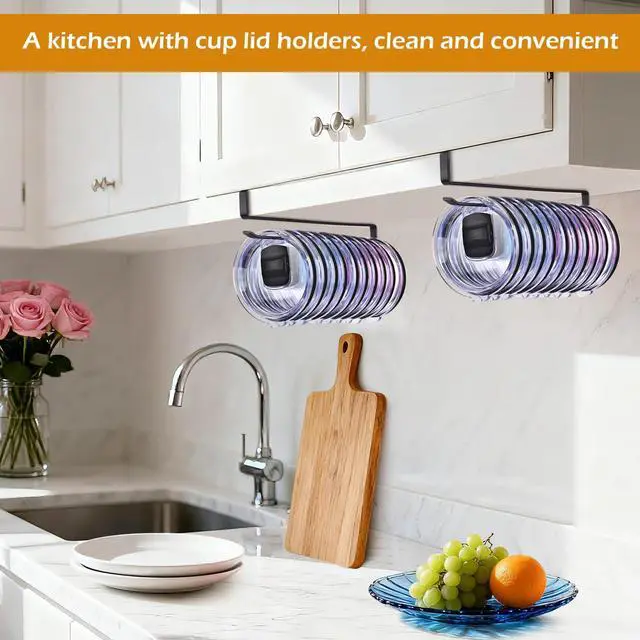 Alt view image 7 of 7 - Tumbler Lid Organizer, Under Cabinet Cup Lid Holder, Black | Iron racks, 10.24-inch length, slide onto shelves, no drilling or adhesive, space-saving kitchen storage inside cabinets