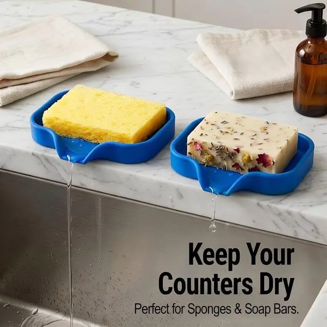 Alt view image 3 of 7 - Small Silicone Sponge Holder (4.9x3.3) Space-Saving Sink Organizer Tray for Sponge, Soap, Brush & More Compact Non-Slip Dish for Kitchen & Bathroom (Turkish Sea)