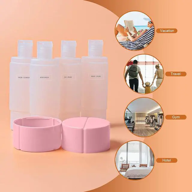 Alt view image 6 of 6 - Travel Bottle, TSA Approved 4-in-1 Leak-Proof Bottle, 4 * 60ml/2oz, with 2 Pre-Printed Labels for Travel Gym Camping, Carry-on Travel Size Toiletries Shampoo Lotion Bottle for Women Men (Pink)
