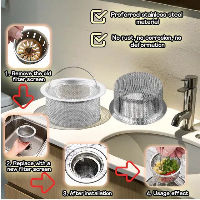 Alt view image 2 of 7 - 3" Kitchen Sink Strainer, 2-Pack Fine Mesh Basket - Catches Food Waste, Hair & Prevents Clogs, Rust-Proof Stainless Steel, Fits Standard Drain