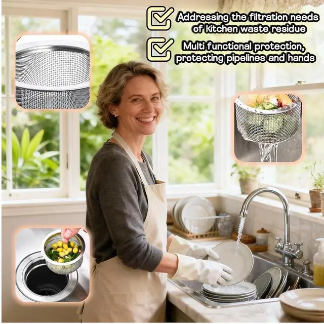 Alt view image 5 of 7 - 3" Kitchen Sink Strainer, 2-Pack Fine Mesh Basket - Catches Food Waste, Hair & Prevents Clogs, Rust-Proof Stainless Steel, Fits Standard Drain