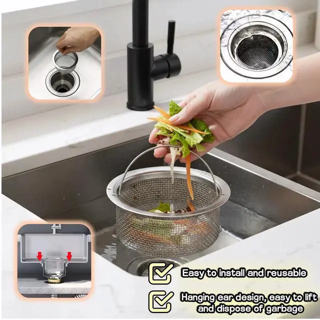 Alt view image 3 of 7 - 3" Kitchen Sink Strainer, 2-Pack Fine Mesh Basket - Catches Food Waste, Hair & Prevents Clogs, Rust-Proof Stainless Steel, Fits Standard Drain