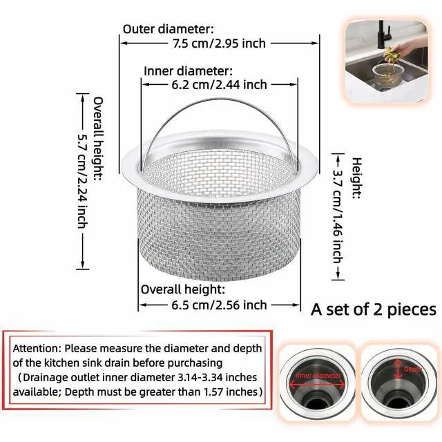Alt view image 6 of 7 - 3" Kitchen Sink Strainer, 2-Pack Fine Mesh Basket - Catches Food Waste, Hair & Prevents Clogs, Rust-Proof Stainless Steel, Fits Standard Drain