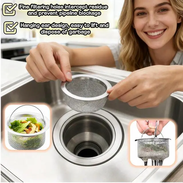 Alt view image 7 of 7 - 3" Kitchen Sink Strainer, 2-Pack Fine Mesh Basket - Catches Food Waste, Hair & Prevents Clogs, Rust-Proof Stainless Steel, Fits Standard Drain