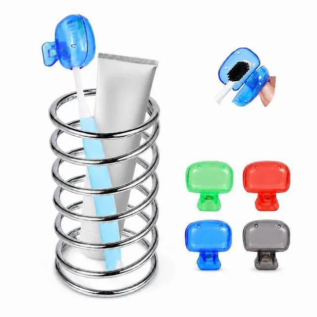 Main image of Stainless Steel Toothbrush Holder, Open Spring Design with 4 Covers | bathroom countertop organizer, electric toothbrush, razors, makeup brushes, color brush covers