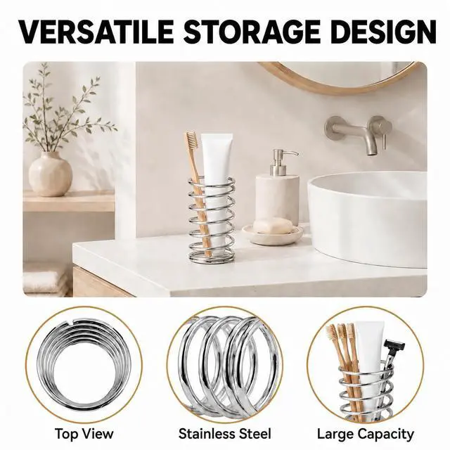 Alt view image 4 of 7 - Stainless Steel Toothbrush Holder, Open Spring Design with 4 Covers | bathroom countertop organizer, electric toothbrush, razors, makeup brushes, color brush covers