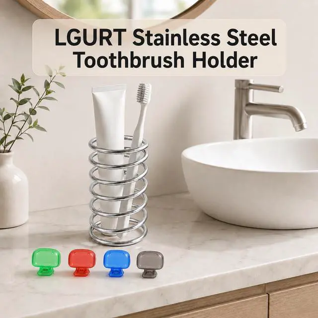 Alt view image 2 of 7 - Stainless Steel Toothbrush Holder, Open Spring Design with 4 Covers | bathroom countertop organizer, electric toothbrush, razors, makeup brushes, color brush covers