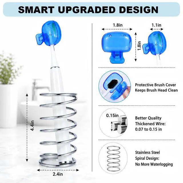 Alt view image 5 of 7 - Stainless Steel Toothbrush Holder, Open Spring Design with 4 Covers | bathroom countertop organizer, electric toothbrush, razors, makeup brushes, color brush covers