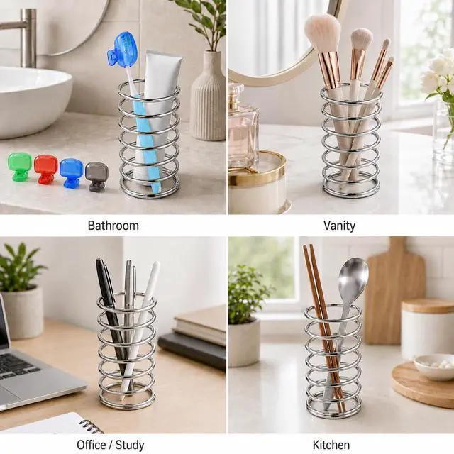 Alt view image 6 of 7 - Stainless Steel Toothbrush Holder, Open Spring Design with 4 Covers | bathroom countertop organizer, electric toothbrush, razors, makeup brushes, color brush covers