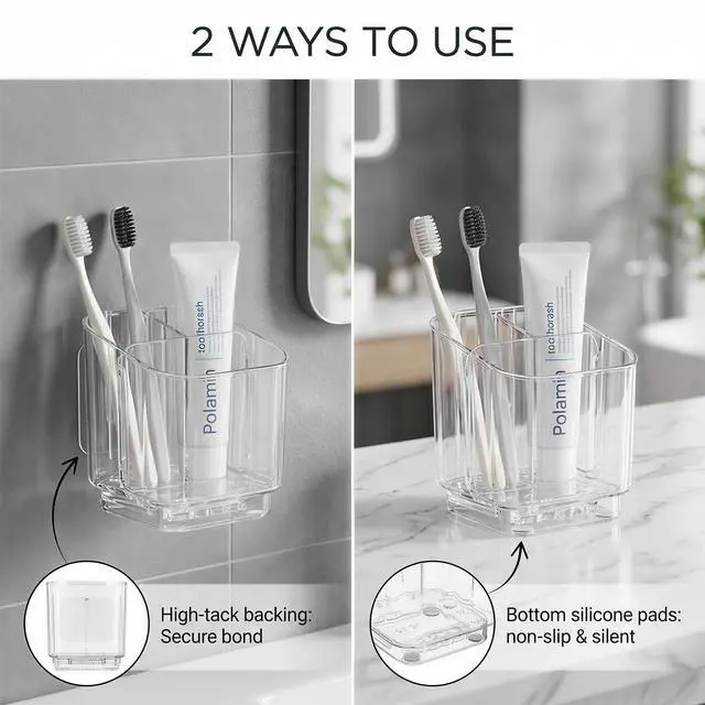 Alt view image 3 of 7 - Bathroom Toothbrush Holder, Three Compartment Detachable Toothbrush Holder Wall Mounted, Toothbrush Storage Rack for Bathroom/Kitchen/Office