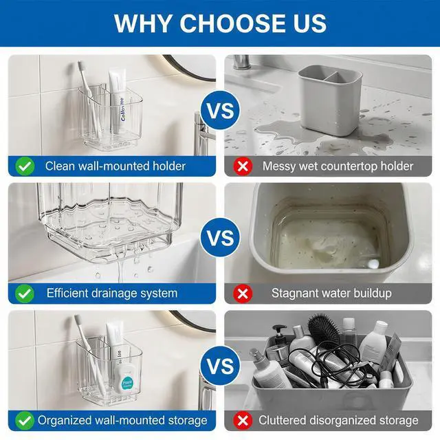 Alt view image 4 of 7 - Bathroom Toothbrush Holder, Three Compartment Detachable Toothbrush Holder Wall Mounted, Toothbrush Storage Rack for Bathroom/Kitchen/Office