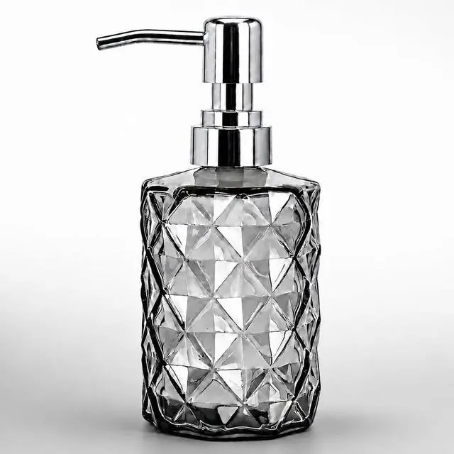 Main image of 12oz Black Glass Soap Dispenser, Stainless Steel Non-Drip Pump | Diamond-cut prism finish like crystal. Semi-transparent black glass. For kitchen, bathroom, powder room countertops.