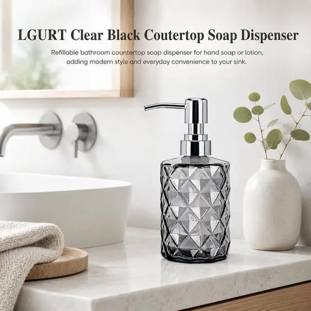 Alt view image 2 of 7 - 12oz Black Glass Soap Dispenser, Stainless Steel Non-Drip Pump | Diamond-cut prism finish like crystal. Semi-transparent black glass. For kitchen, bathroom, powder room countertops.