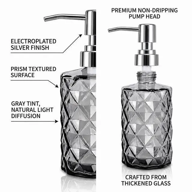Alt view image 3 of 7 - 12oz Black Glass Soap Dispenser, Stainless Steel Non-Drip Pump | Diamond-cut prism finish like crystal. Semi-transparent black glass. For kitchen, bathroom, powder room countertops.