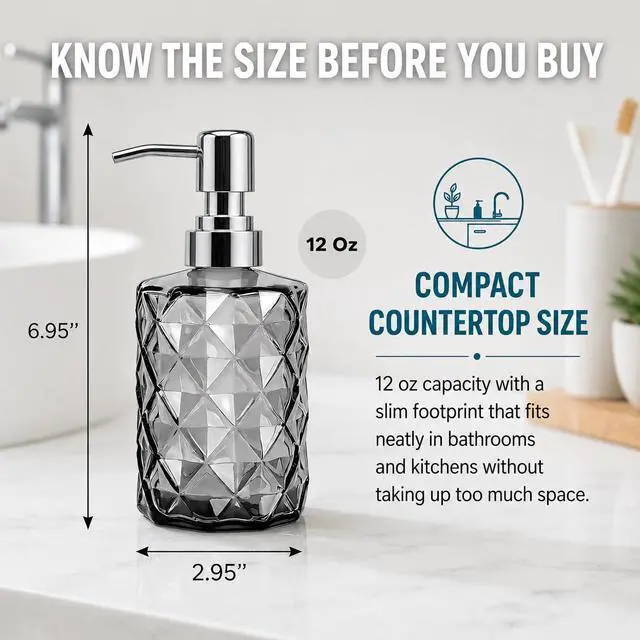 Alt view image 4 of 7 - 12oz Black Glass Soap Dispenser, Stainless Steel Non-Drip Pump | Diamond-cut prism finish like crystal. Semi-transparent black glass. For kitchen, bathroom, powder room countertops.