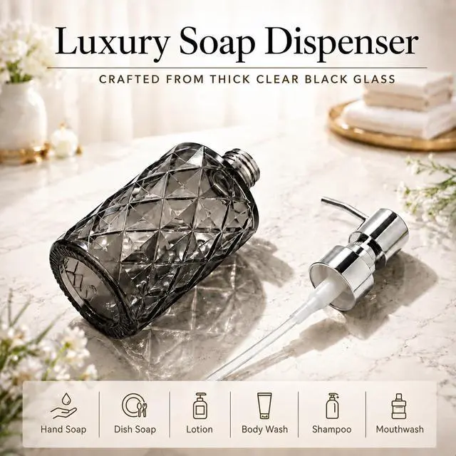 Alt view image 5 of 7 - 12oz Black Glass Soap Dispenser, Stainless Steel Non-Drip Pump | Diamond-cut prism finish like crystal. Semi-transparent black glass. For kitchen, bathroom, powder room countertops.