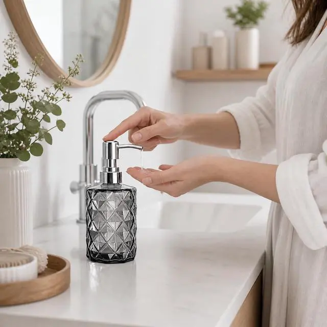 Alt view image 6 of 7 - 12oz Black Glass Soap Dispenser, Stainless Steel Non-Drip Pump | Diamond-cut prism finish like crystal. Semi-transparent black glass. For kitchen, bathroom, powder room countertops.