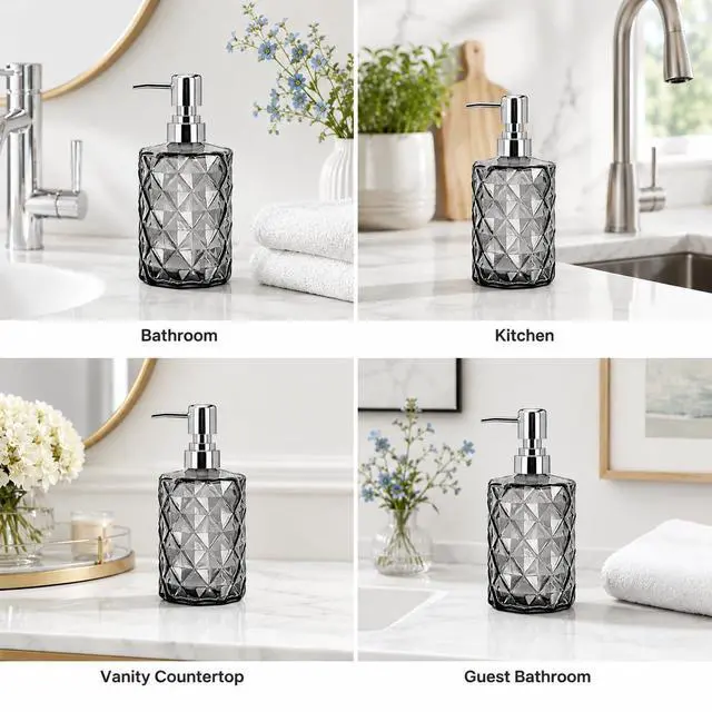 Alt view image 7 of 7 - 12oz Black Glass Soap Dispenser, Stainless Steel Non-Drip Pump | Diamond-cut prism finish like crystal. Semi-transparent black glass. For kitchen, bathroom, powder room countertops.