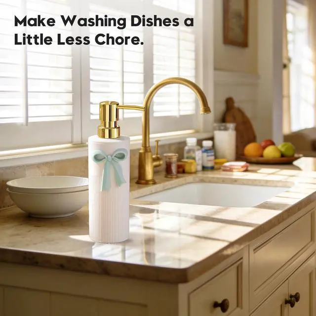 Alt view image 3 of 6 - Green Bow Soap Dispenser with Gold Pump | Cute Hand Liquid Soap Dispenser for Bathroom and Kitchen Sink Countertop Decor