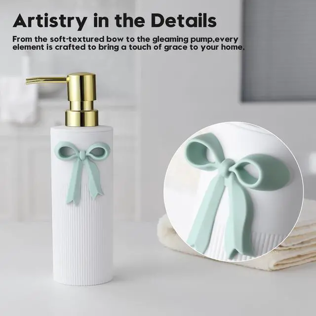 Alt view image 4 of 6 - Green Bow Soap Dispenser with Gold Pump | Cute Hand Liquid Soap Dispenser for Bathroom and Kitchen Sink Countertop Decor