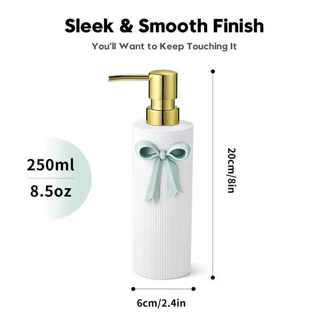 Alt view image 6 of 6 - Green Bow Soap Dispenser with Gold Pump | Cute Hand Liquid Soap Dispenser for Bathroom and Kitchen Sink Countertop Decor