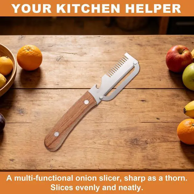 Alt view image 3 of 7 - Multifunctional Stainless Steel Vegetable Peeler Knife with Wooden Handle, Handheld Zero Flex Glide Edge Scallion Shredder and Bottle Opener, Kitchen Gadget for Fruit Potato Pumpkin Papaya Welsh Onion